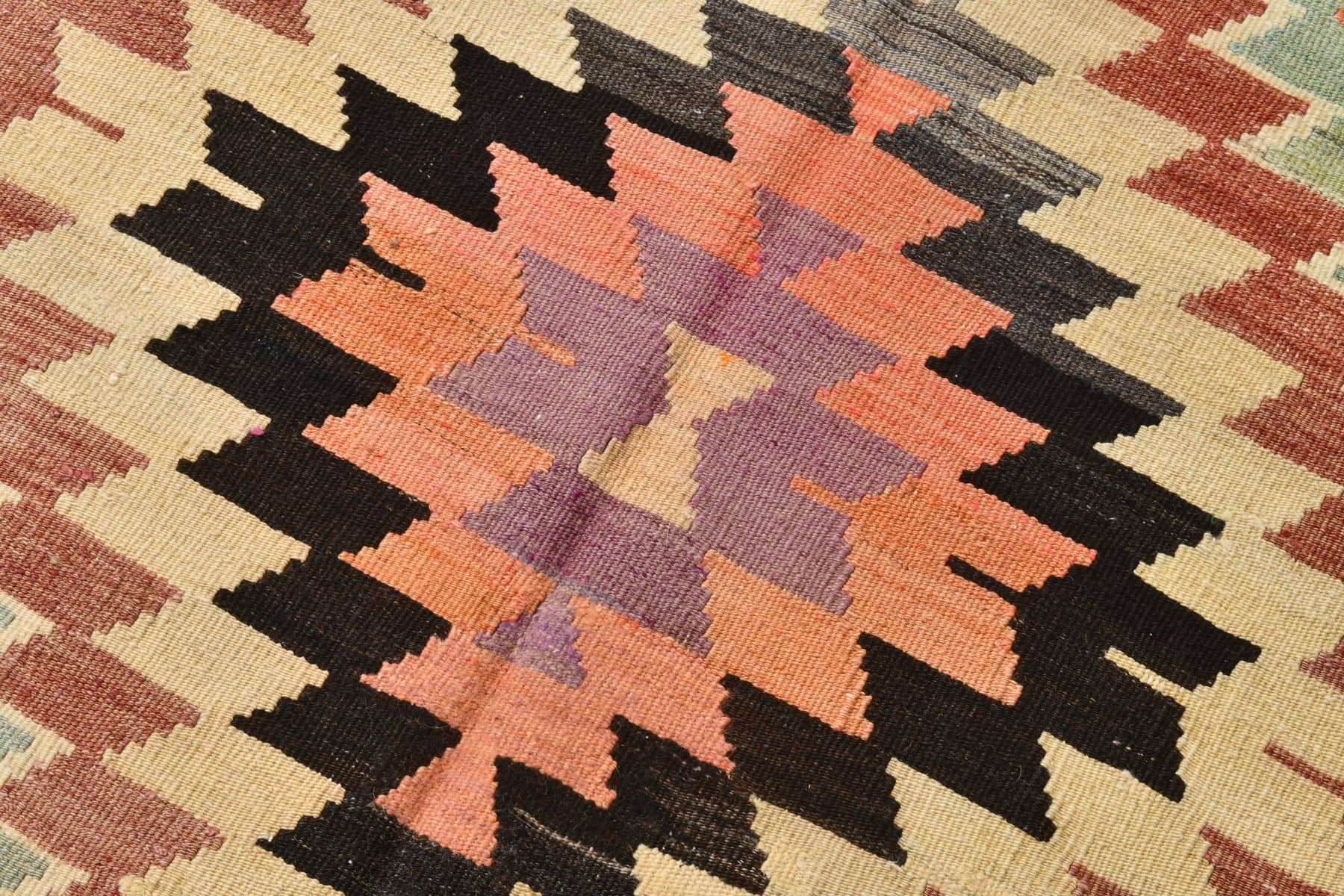 Kilim 156x330 cm, beżowy, czarny, wełna, Turcja, lata 70. - 218747
