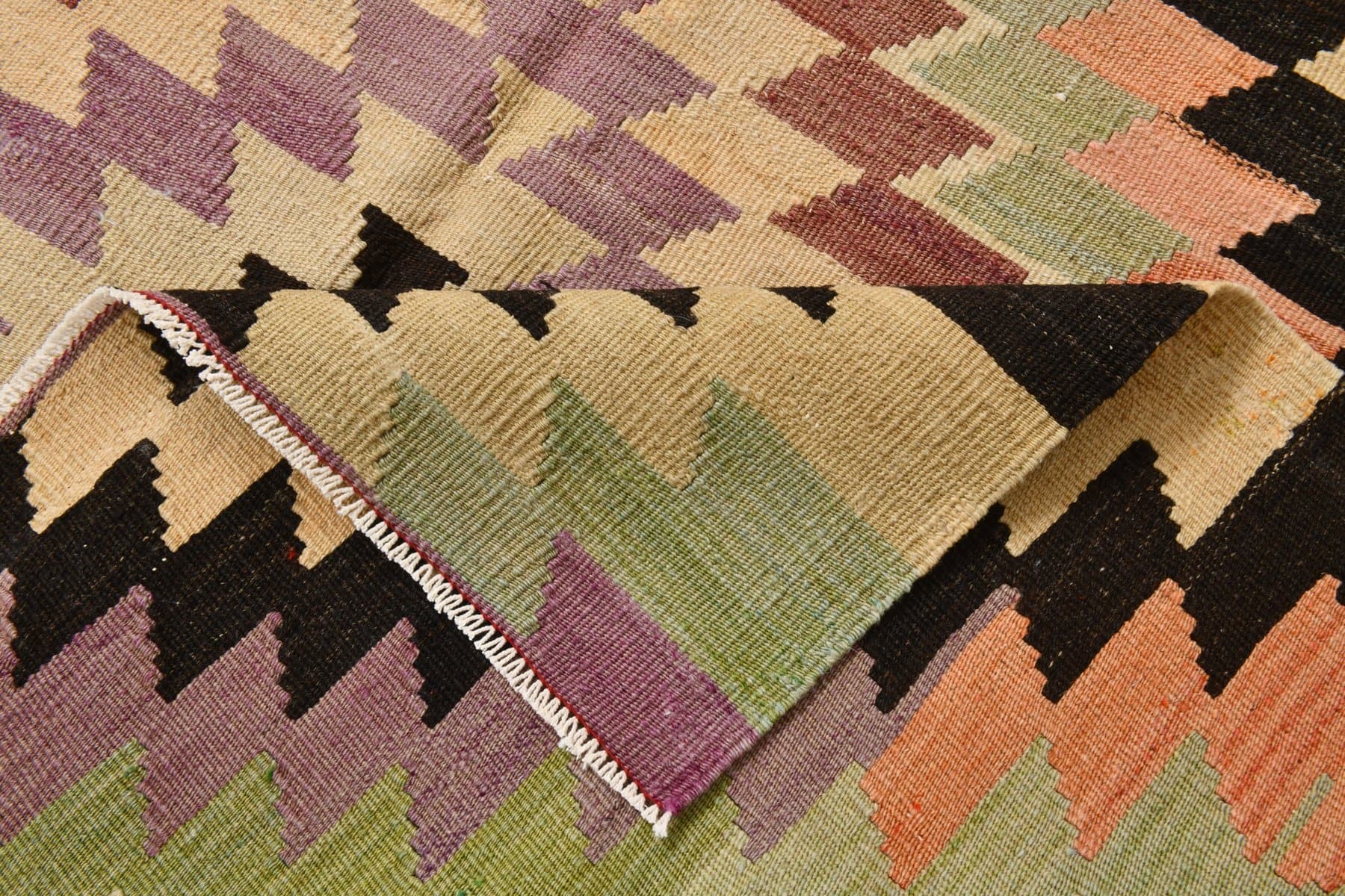 Kilim 156x330 cm, beżowy, czarny, wełna, Turcja, lata 70. - 218752