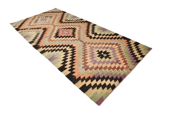 Kilim 156x330 cm, beżowy, czarny, wełna, Turcja, lata 70. - WYMIARY