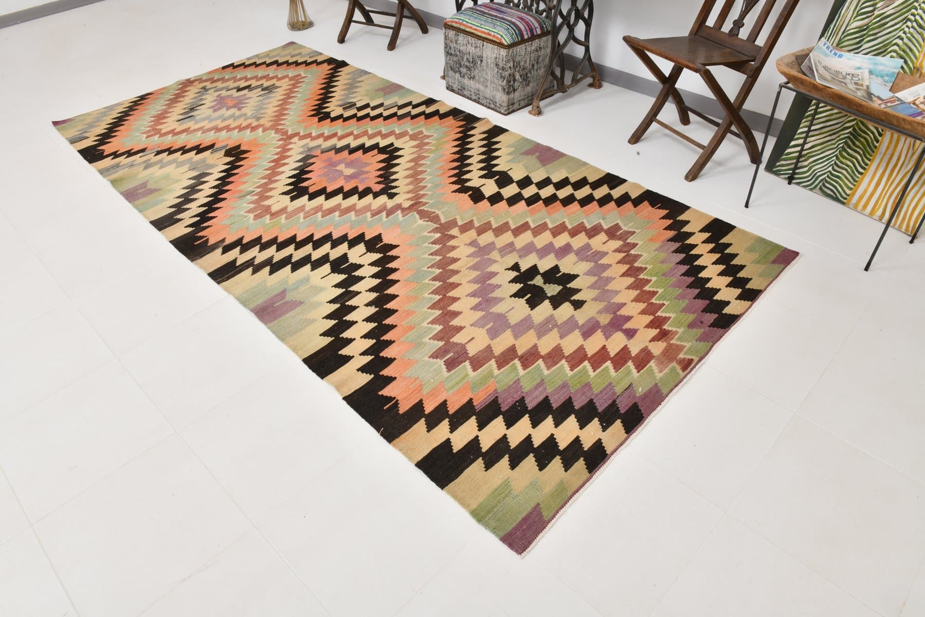 Kilim 156x330 cm, beżowy, czarny, wełna, Turcja, lata 70. - 218744