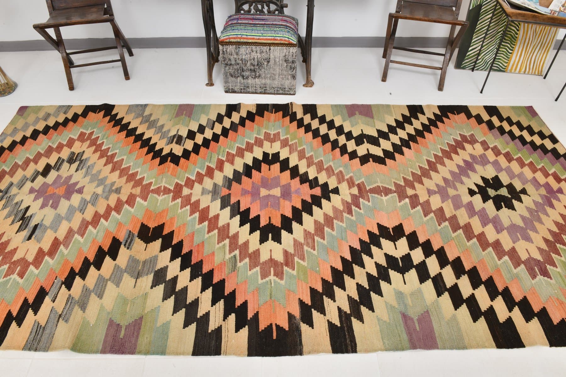 Kilim 156x330 cm, beżowy, czarny, wełna, Turcja, lata 70. - 218745