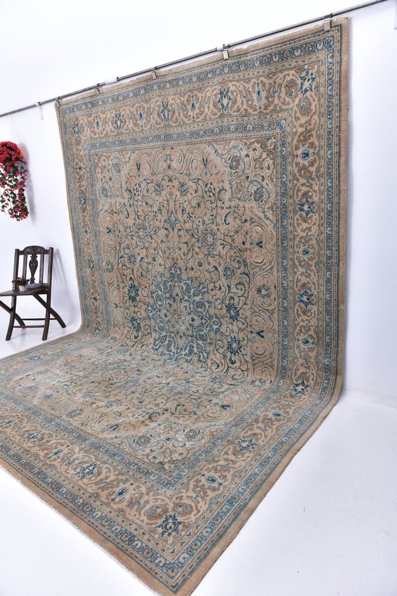 Dywan 367x262 cm, beżowy, niebieski, wełna, Turcja, lata 60. - 218723