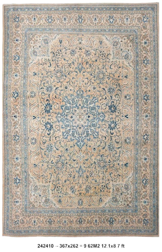 Dywan 367x262 cm, beżowy, niebieski, wełna, Turcja, lata 60. - WYMIARY