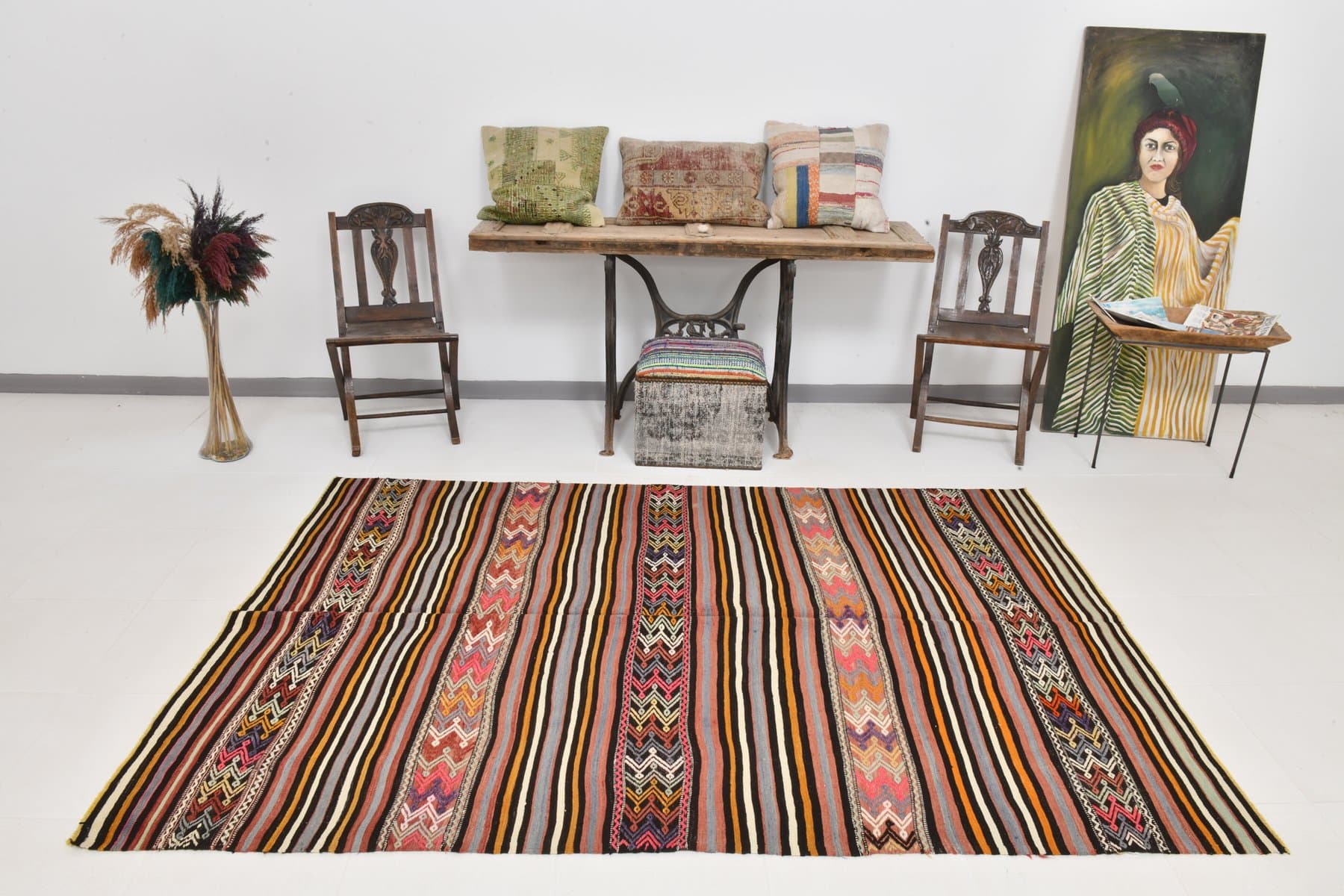 Kilim 163x242 cm, brązowy, beżowy, wełna, Turcja, lata 60. - 218699