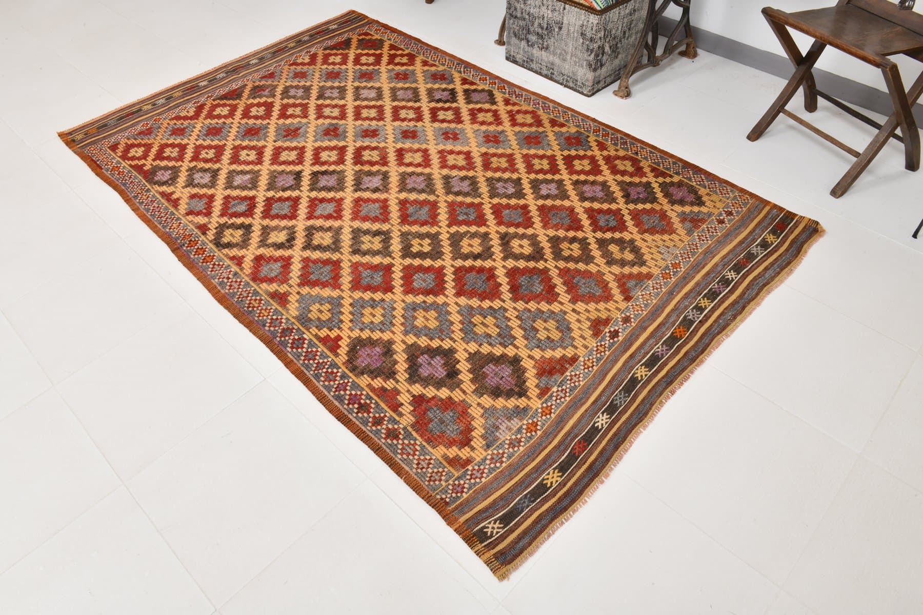 Kilim 238x150 cm, czerwony, brązowy, wełna, Turcja, lata 60. - 218649