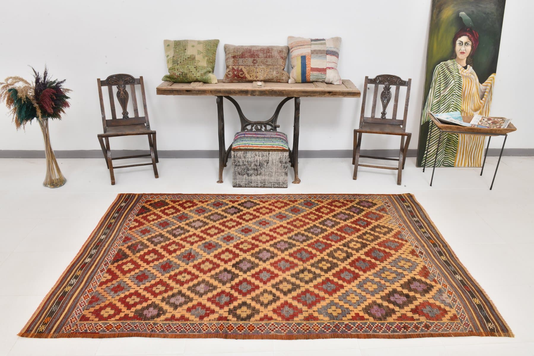 Kilim 238x150 cm, czerwony, brązowy, wełna, Turcja, lata 60. - 218654