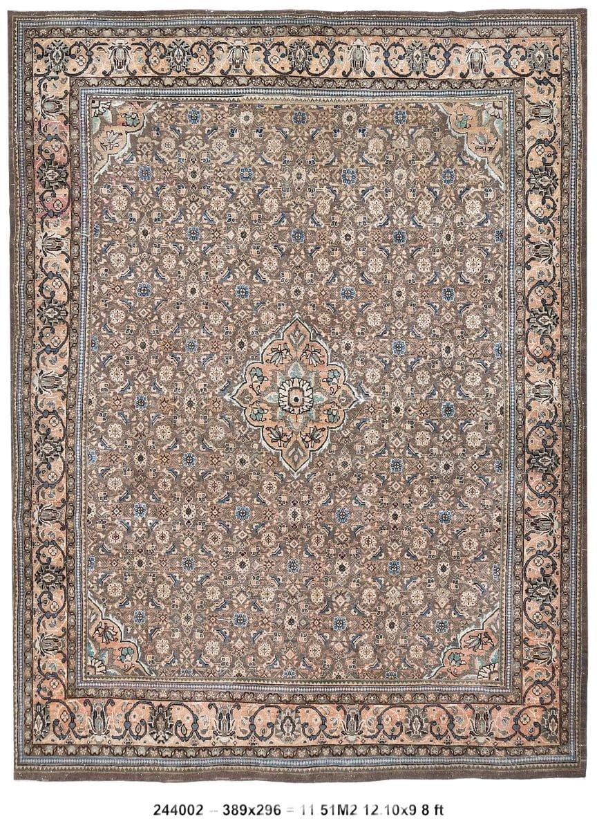 Dywan 389x296 cm, beżowy, brązowy, wełna, Turcja, lata 60.