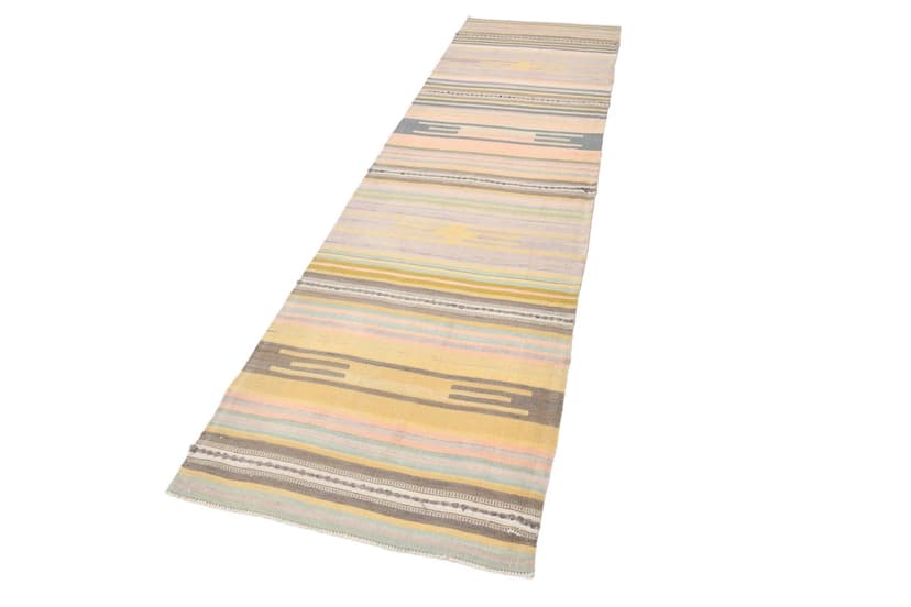 Kilim 314x92 cm, żółty, różowy, wełna, Turcja, lata 60.