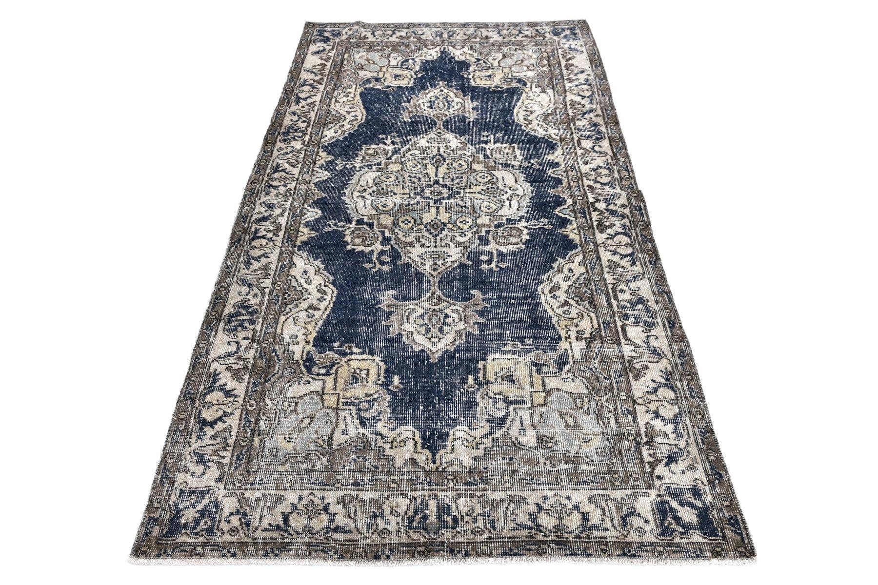 Dywan 208x118 cm, niebieski, wełna, Turcja, lata 70.