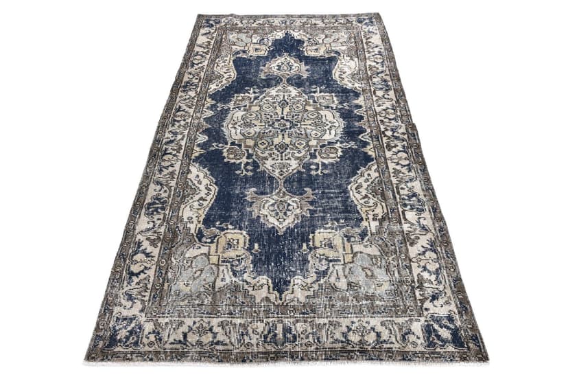 Dywan 208x118 cm, niebieski, wełna, Turcja, lata 70.