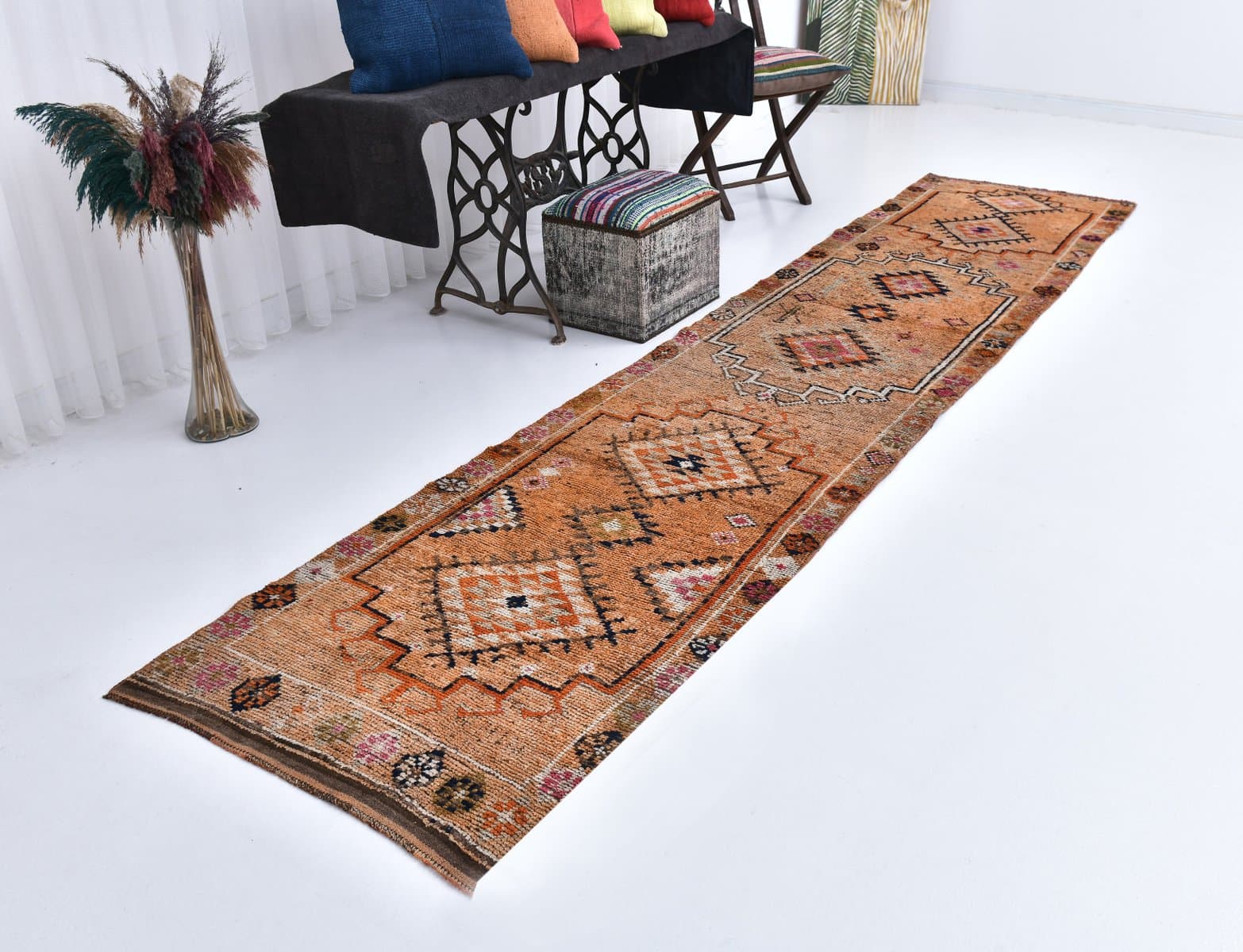 Chodnik 92x410 cm, brązowy, wełna, lata 70. - 218508