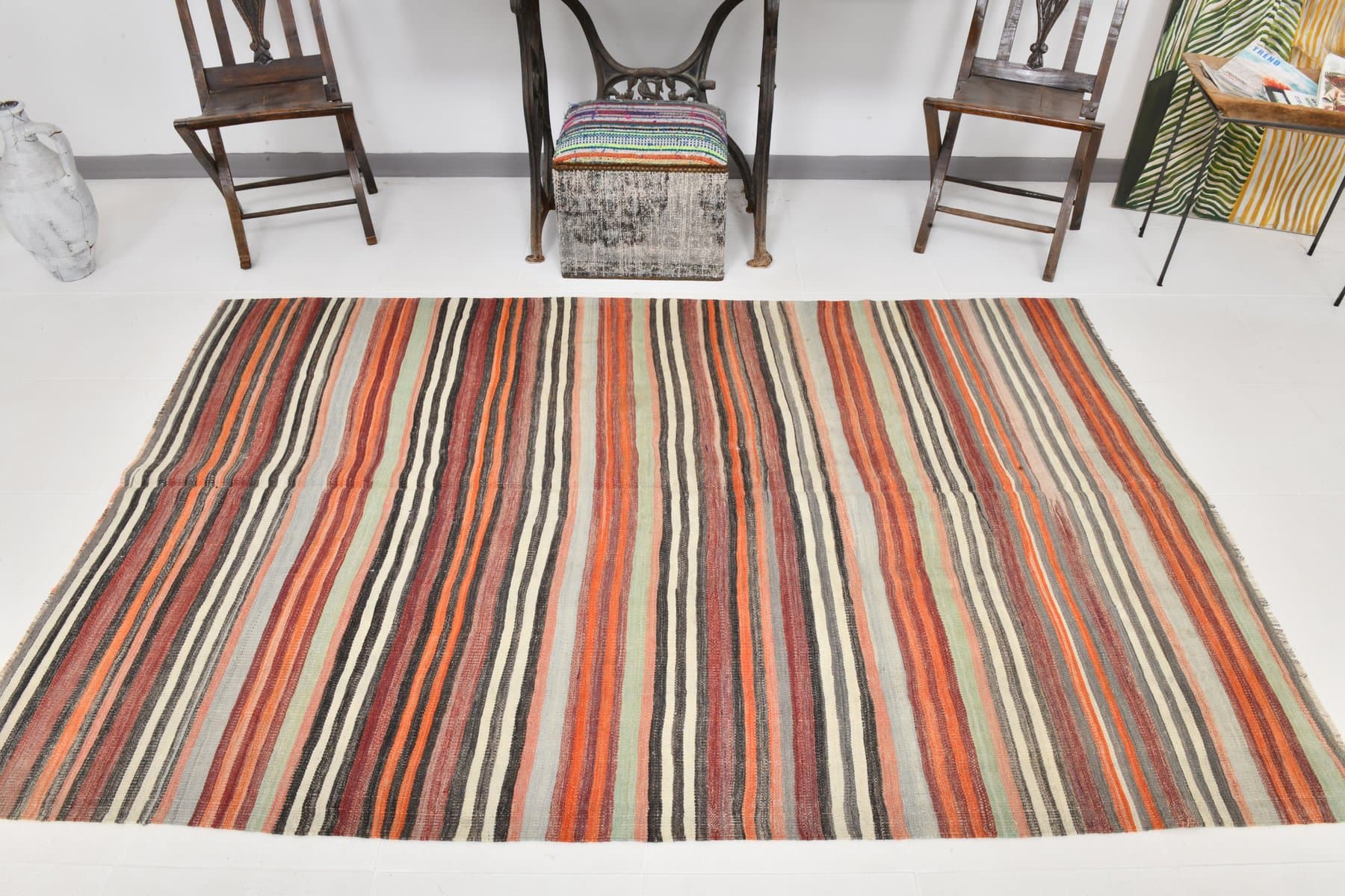 Kilim Rug 236x153 cm, orange, green, wool, Turkey, 1960s. - 218476