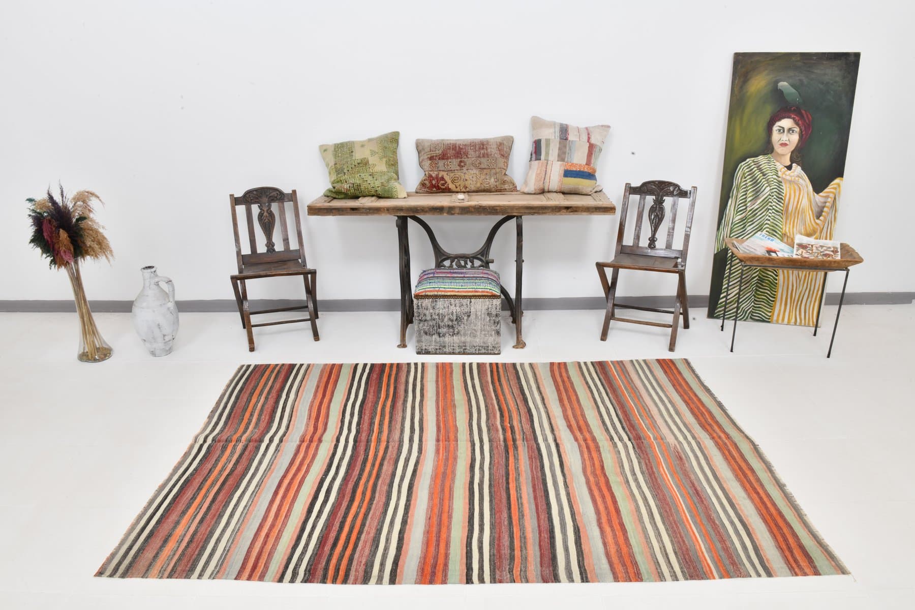 Kilim Rug 236x153 cm, orange, green, wool, Turkey, 1960s. - 218478