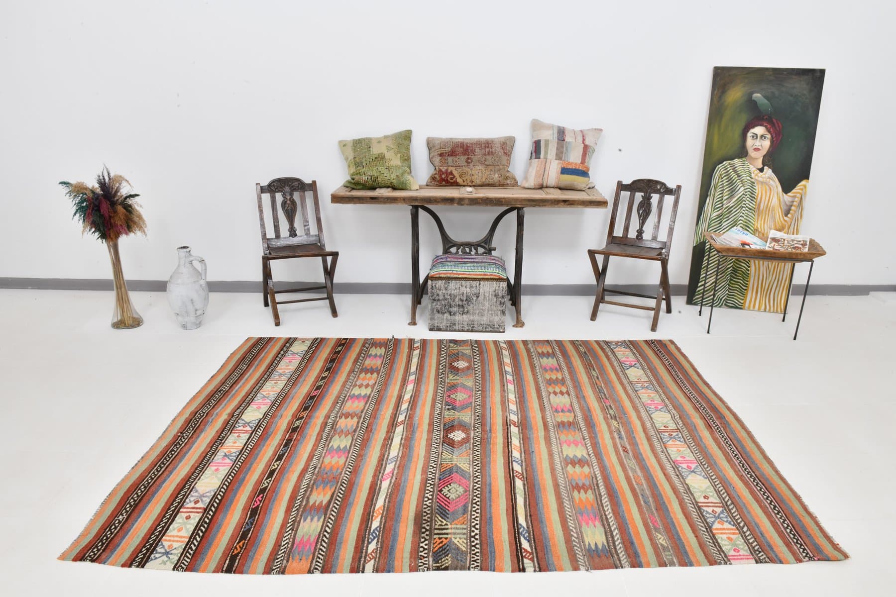 Kilim 256x176 cm, bordowy, wełna, lata 60. - 218463