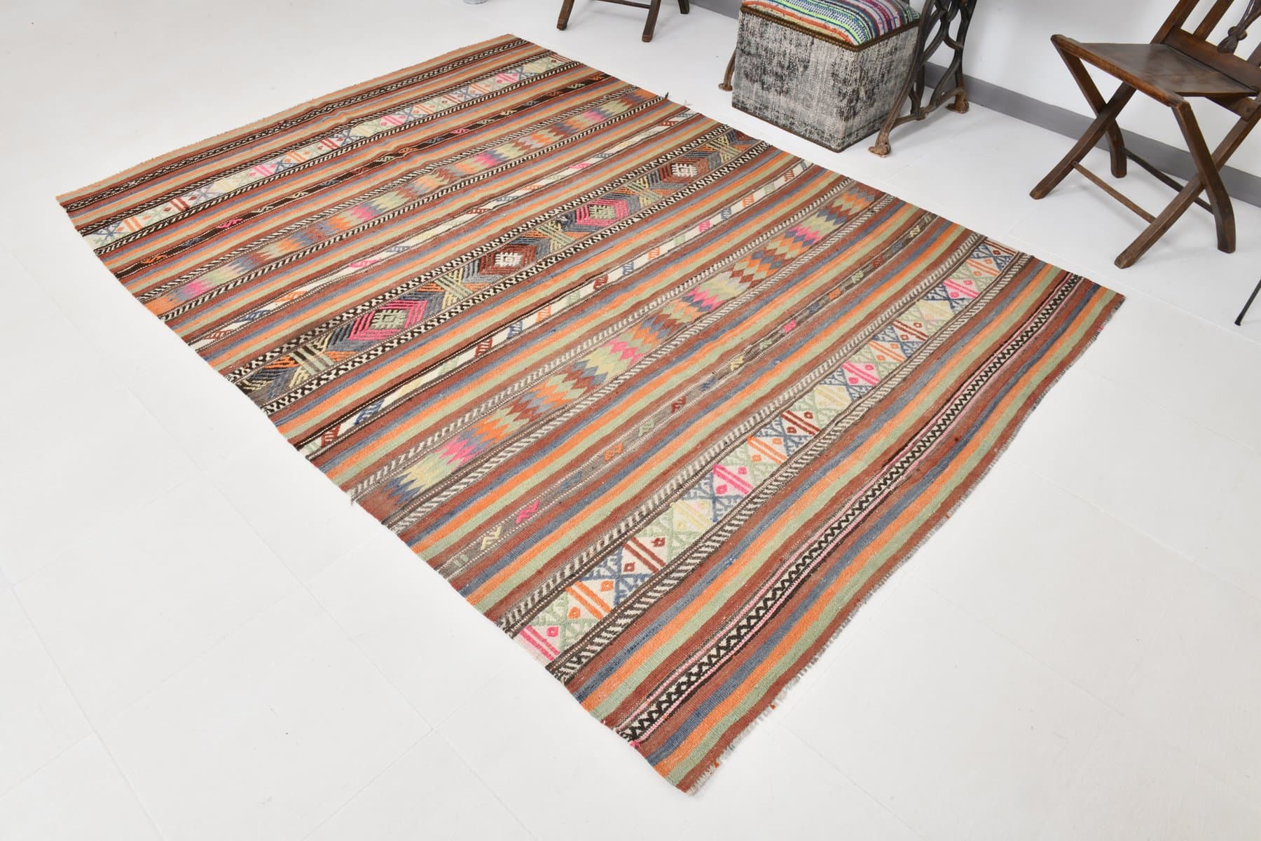 Kilim 256x176 cm, bordowy, wełna, lata 60. - 218454