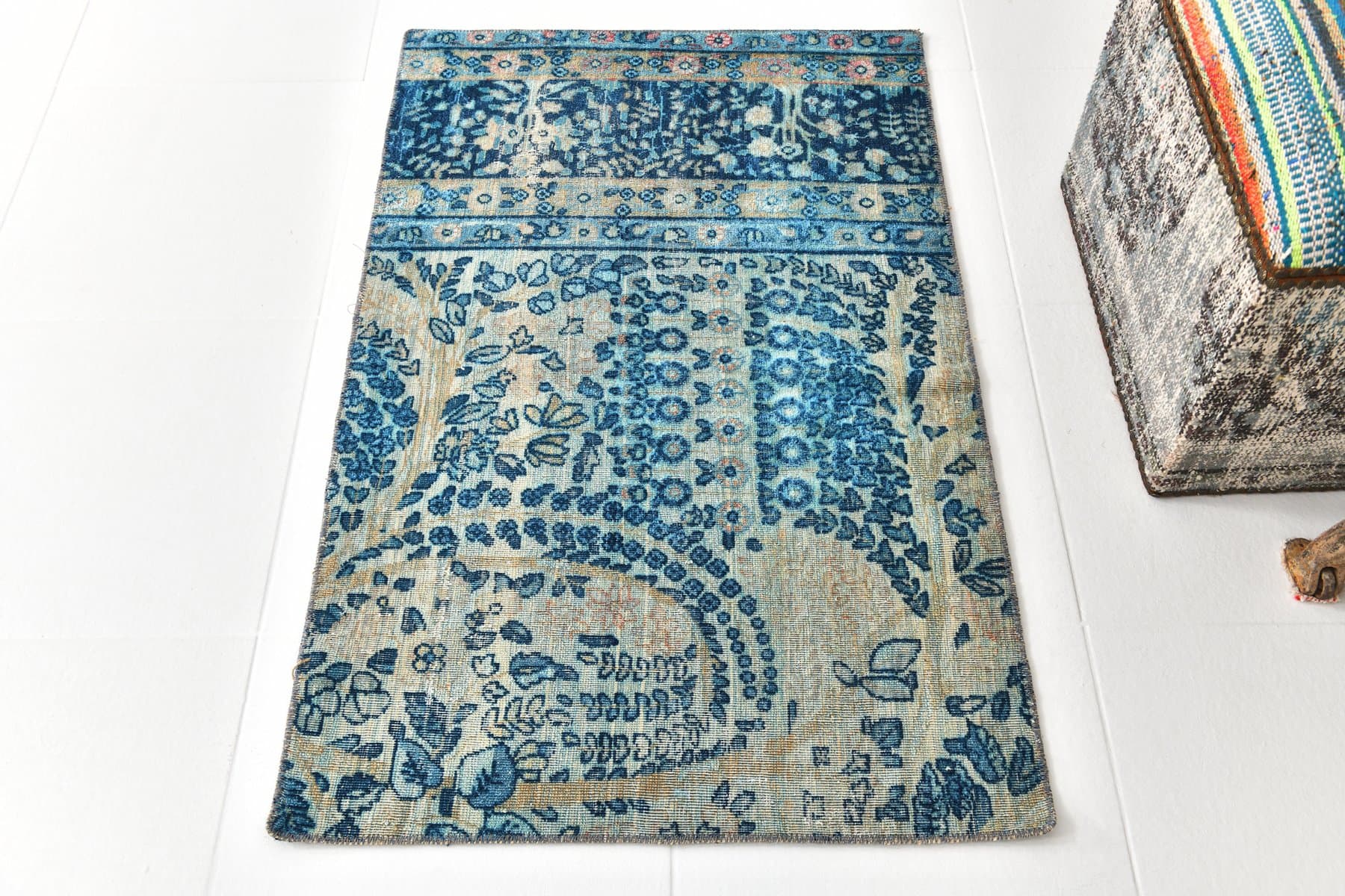 Dywan 111x70 cm, niebieski, beżowy, wełna, lata 60. - 218443