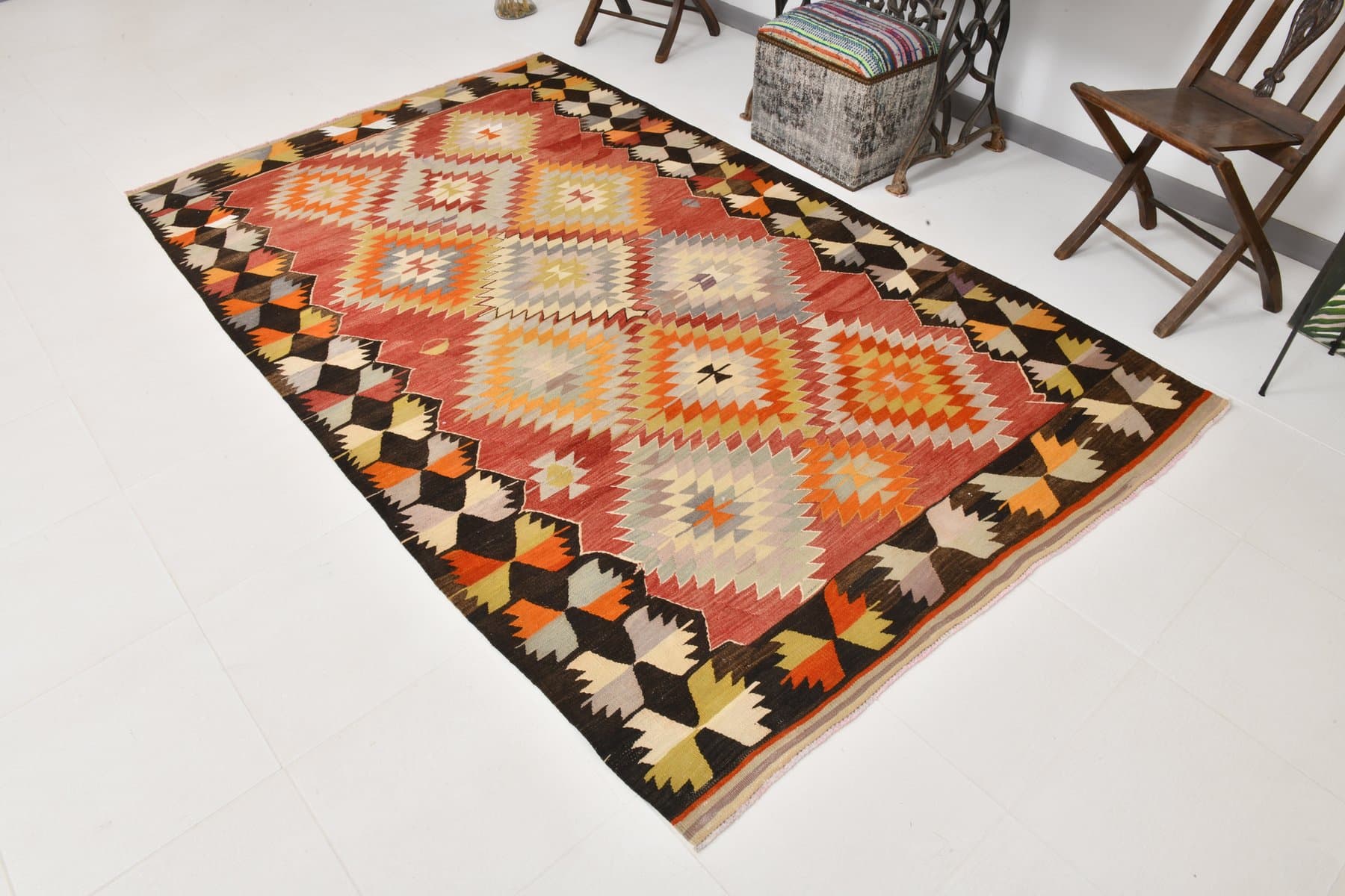 Kilim 164x274 cm, czerwony, wełna, Turcja, lata 70. - 218408