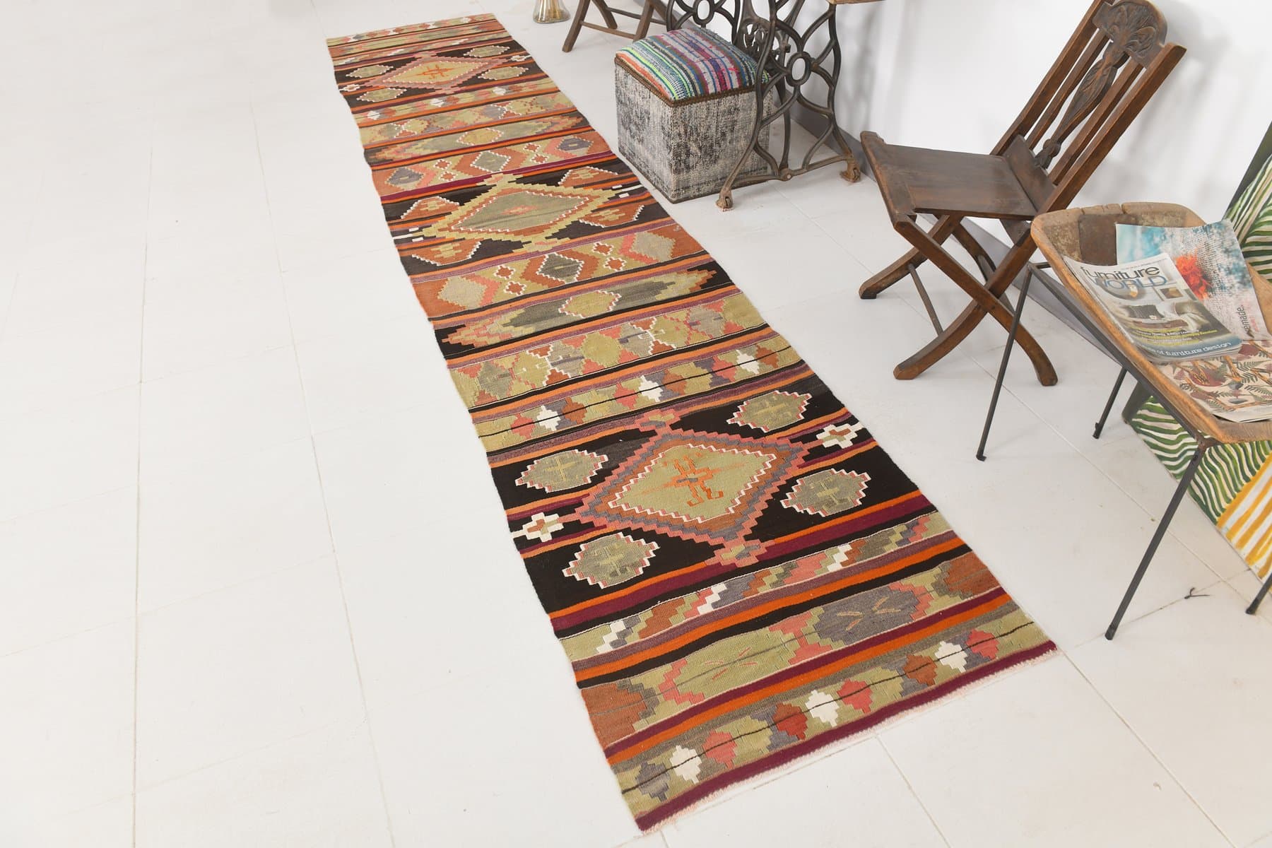 Kilim 86x427 cm, czerwony, wełna, Turcja, lata 70. - 218399