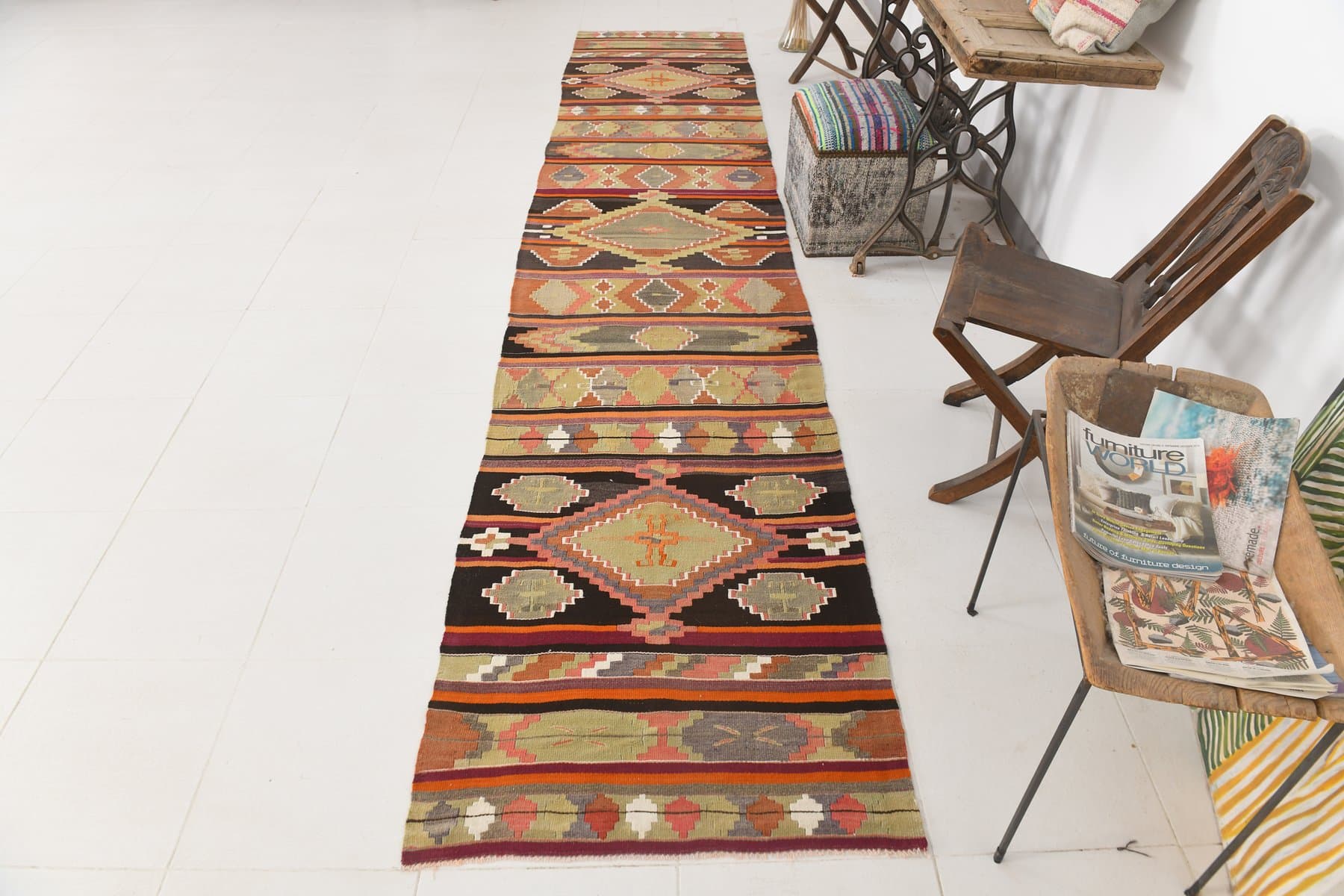 Kilim 86x427 cm, czerwony, wełna, Turcja, lata 70. - 218395