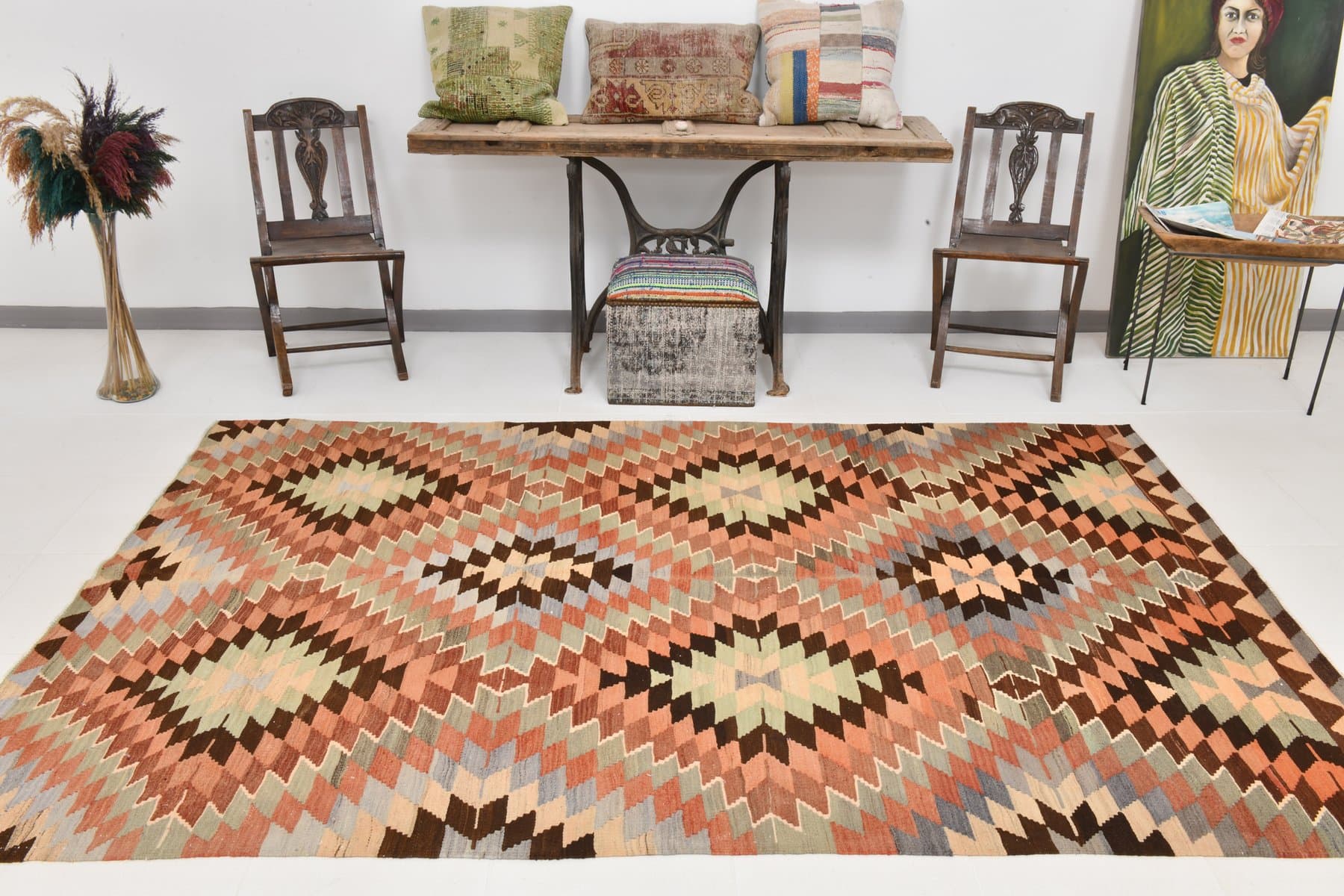 Kilim 278x175 cm, czerwony, wełna, lata 60. - 218376