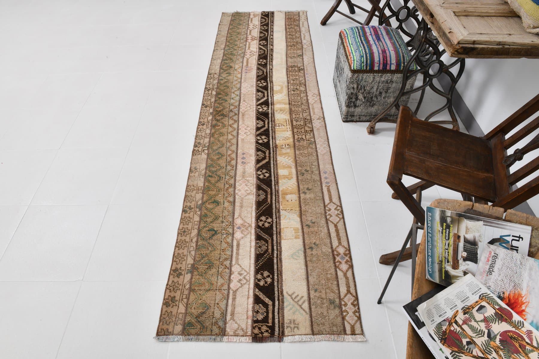 Chodnik 76x286 cm, beżowy, zielony, wełna, lata 70. - 219683