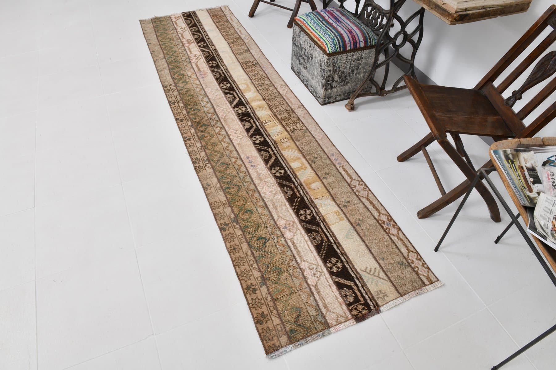 Chodnik 76x286 cm, beżowy, zielony, wełna, lata 70. - 219684