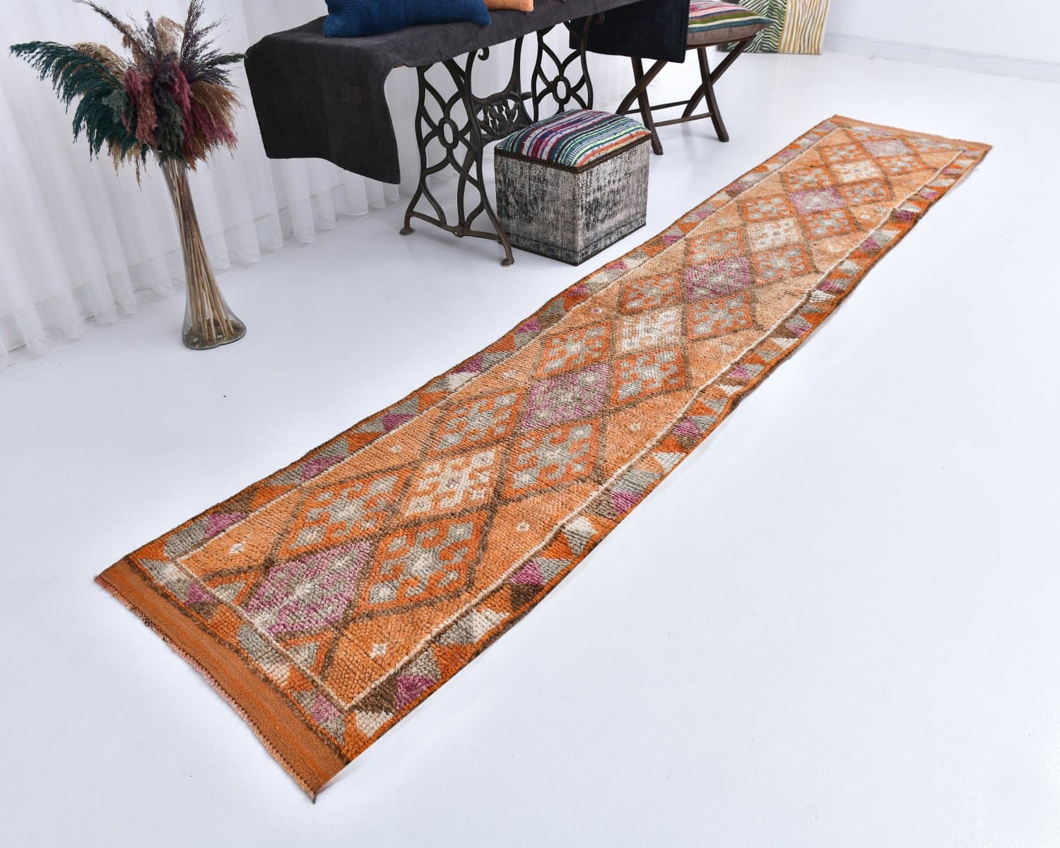 Chodnik 76x406 cm, pomarańczowy, zielony, wełna, lata 70. - 218256