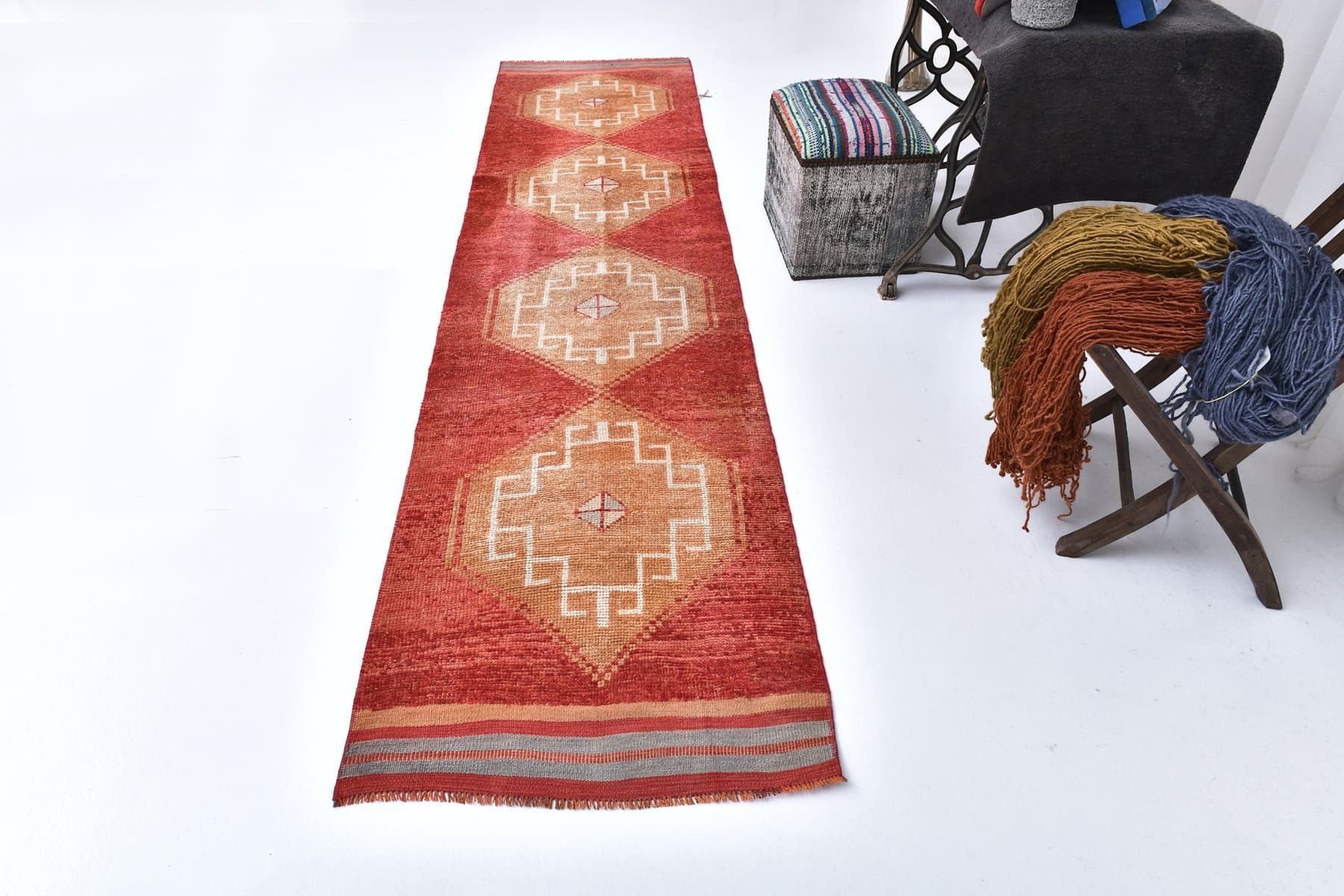 Chodnik 80x329 cm, czerwony, pomarańczowy, wełna, lata 70. - 218186