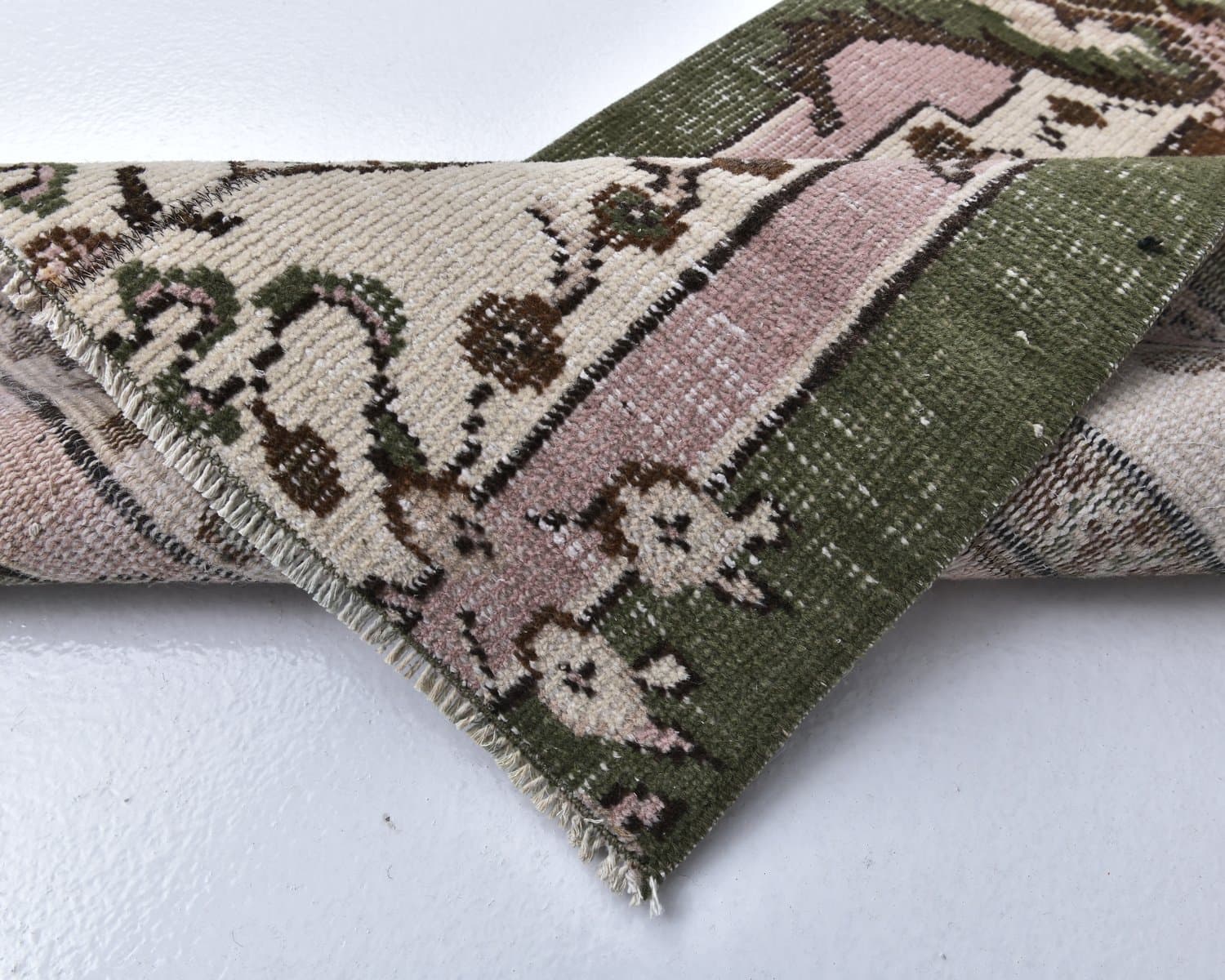 Chodnik 198x68 cm, zielony, różowy, wełna, lata 70. - 218183