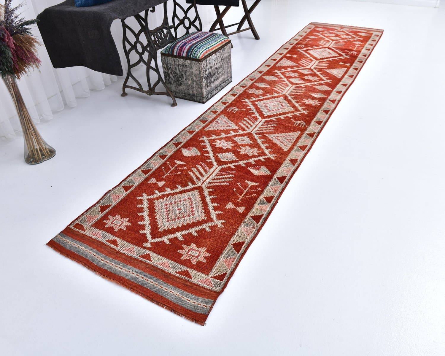 Chodnik 85x400 cm, czerwony, wełna, lata 70. - 218104