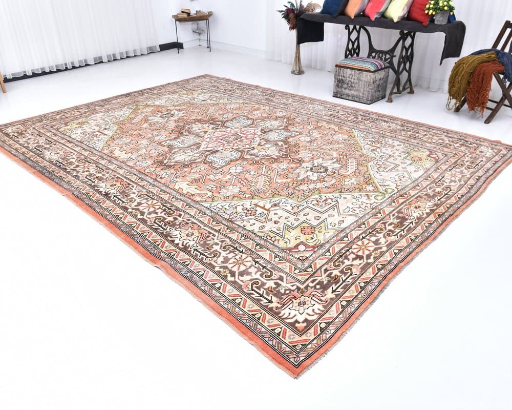 Dywan 386x290 cm, terakota, kremowy, wełna, lata 70. - 217948