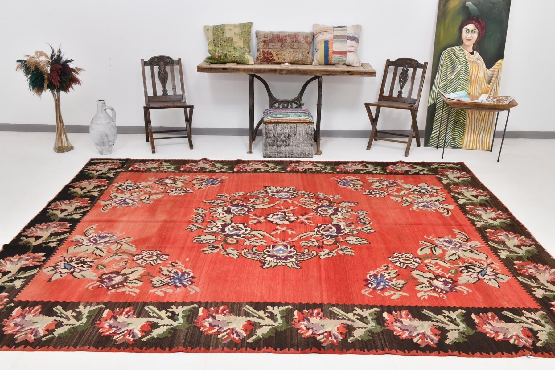 Kilim 334x244 cm, czerwony, wełna, Turcja, lata 70. - 217854