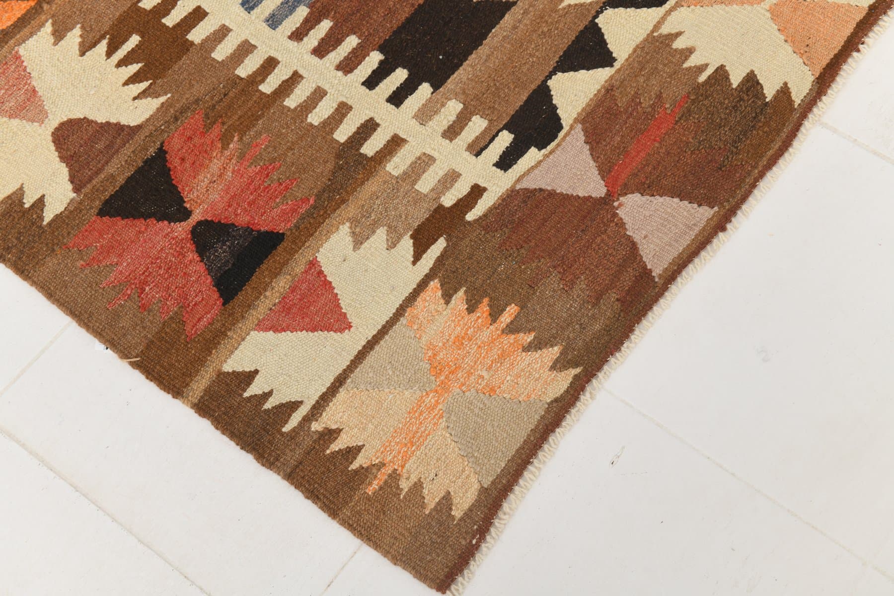 Kilim 391x306 cm, brązowy, beżowy, wełna, Turcja, lata 70. - 217812