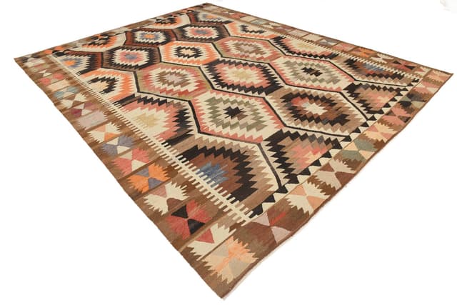 Kilim 391x306 cm, brązowy, beżowy, wełna, Turcja, lata 70. - WYMIARY