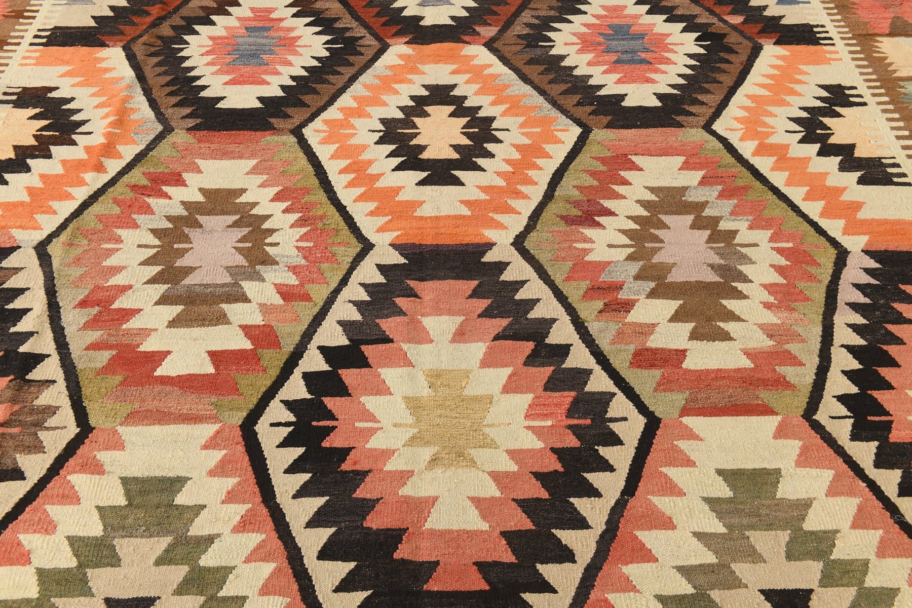 Kilim 391x306 cm, brązowy, beżowy, wełna, Turcja, lata 70. - 217809