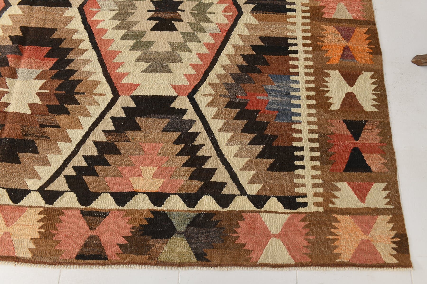 Kilim 391x306 cm, brązowy, beżowy, wełna, Turcja, lata 70. - 217811
