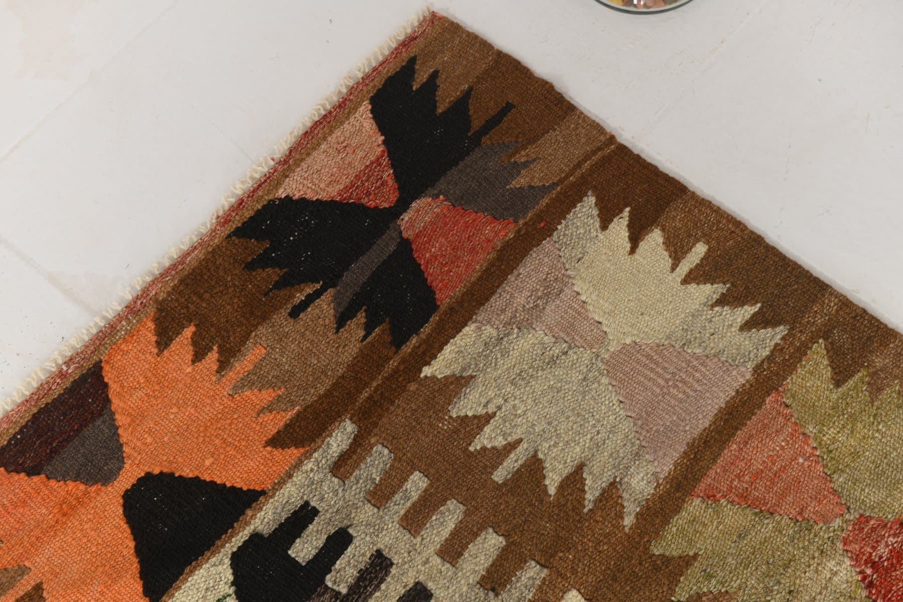 Kilim 391x306 cm, brązowy, beżowy, wełna, Turcja, lata 70. - 217813