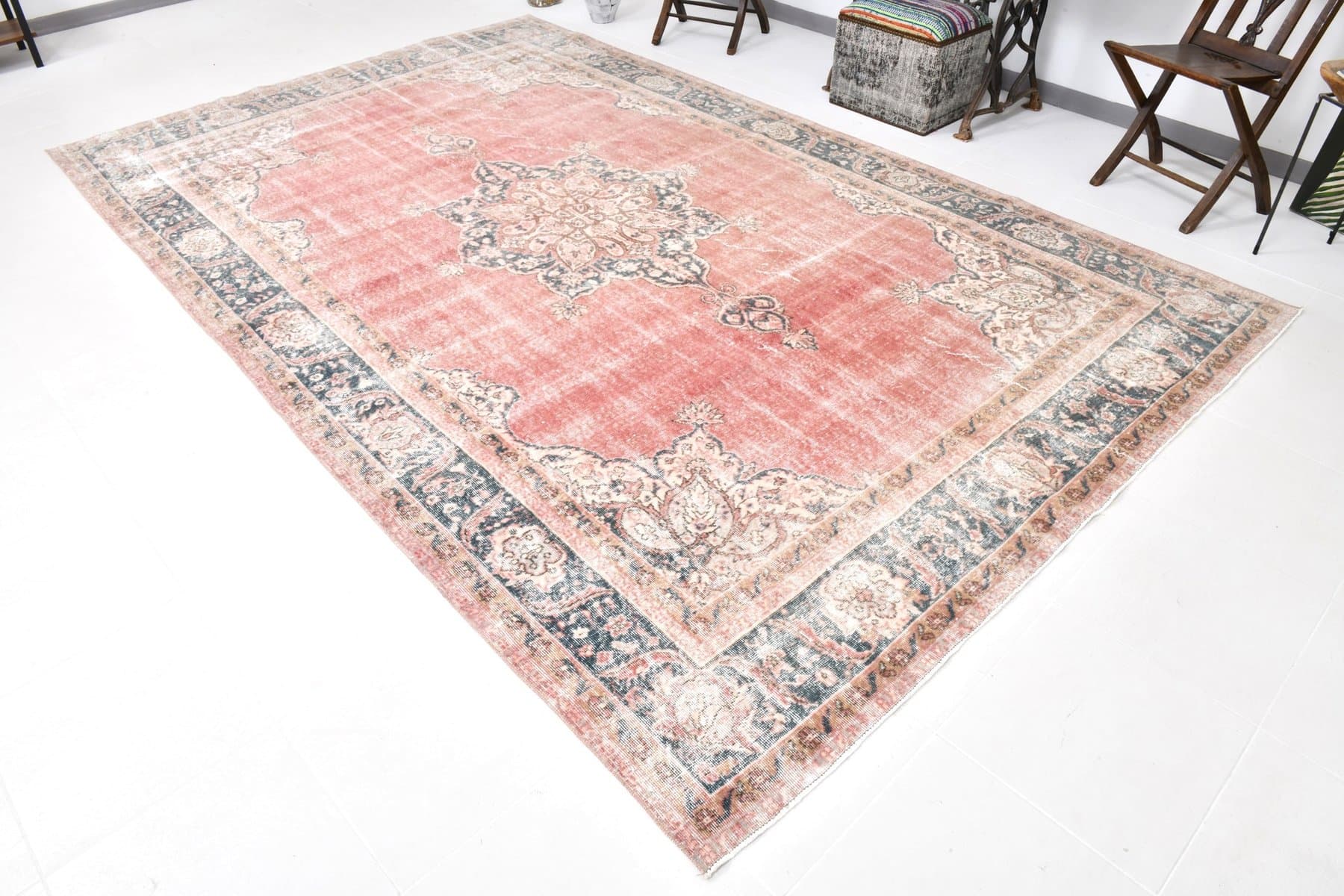 Dywan 227x366 cm, czerwony, beżowy, wełna, lata 70. - 217687