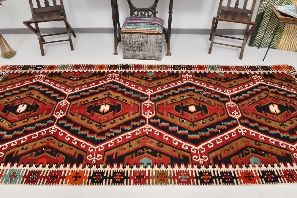Kilim 136x345 cm, czarny, brązowy, wełna, Turcja, lata 70. - 217496