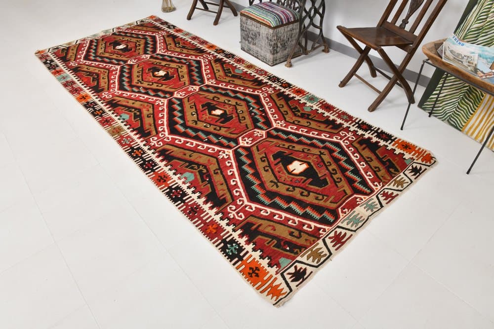 Kilim 136x345 cm, czarny, brązowy, wełna, Turcja, lata 70. - 217490
