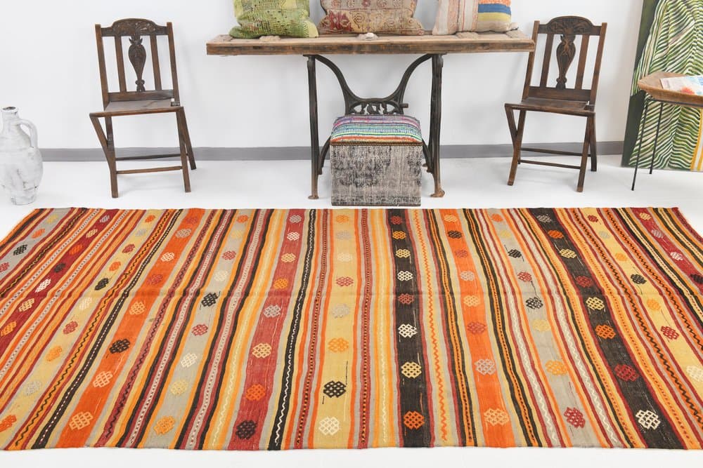 Kilim 171x322 cm, pomarańczowy, czerwony, wełna, Turcja, lata 70. - 217426