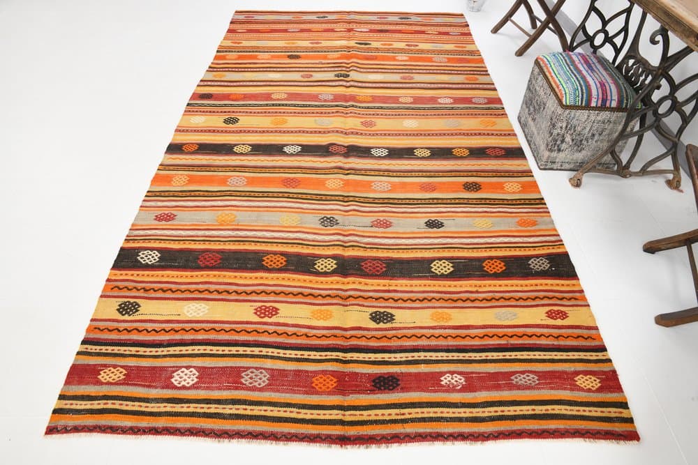 Kilim 171x322 cm, pomarańczowy, czerwony, wełna, Turcja, lata 70. - 217425