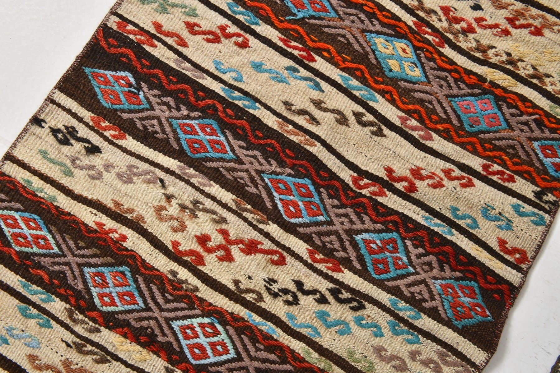 Kilim 102x61 cm, brązowy, beżowy, wełna, Turcja, lata 70. - 217406
