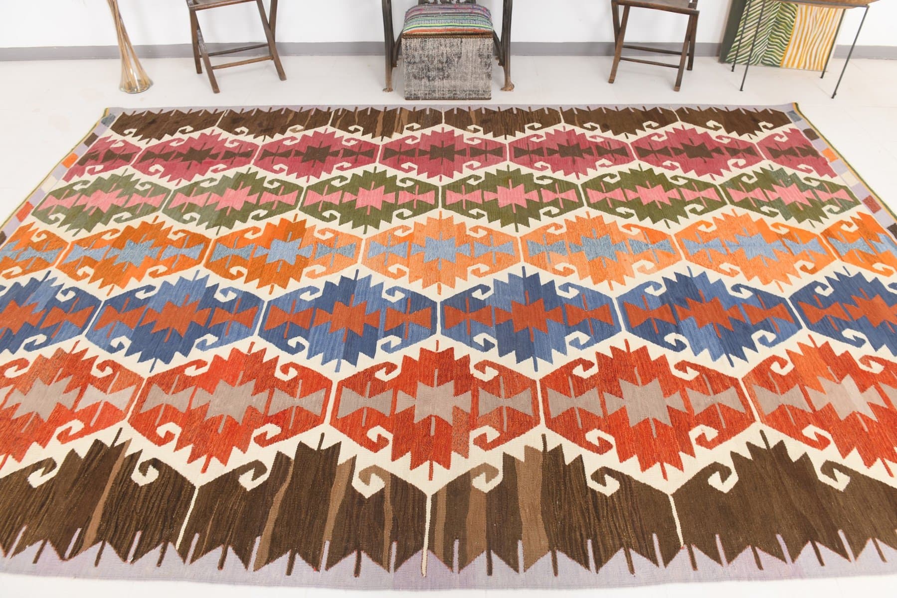 Kilim 368x253 cm, czerwony, zielony, wełna, Turcja, lata 60. - 217360