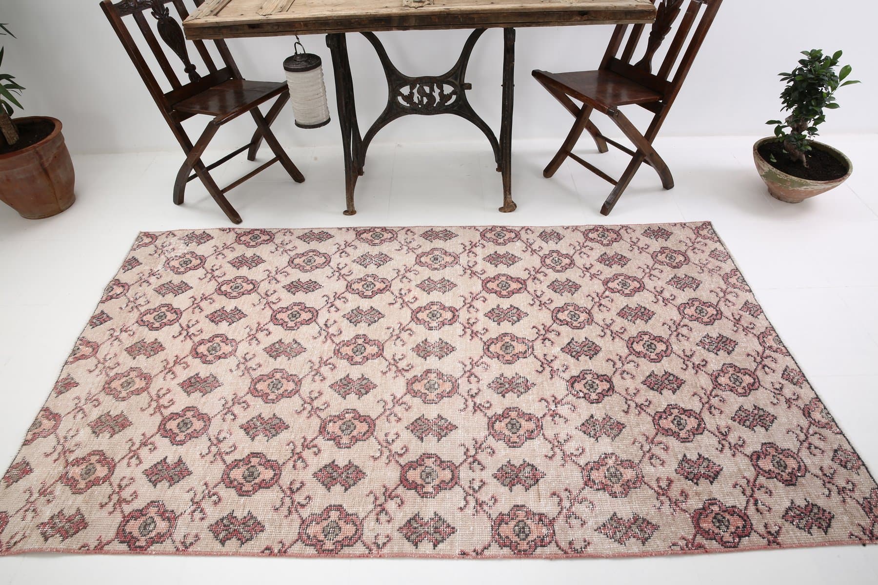 Dywan 231x134 cm, beżowy, fioletowy, wełna, lata 70. - 217308