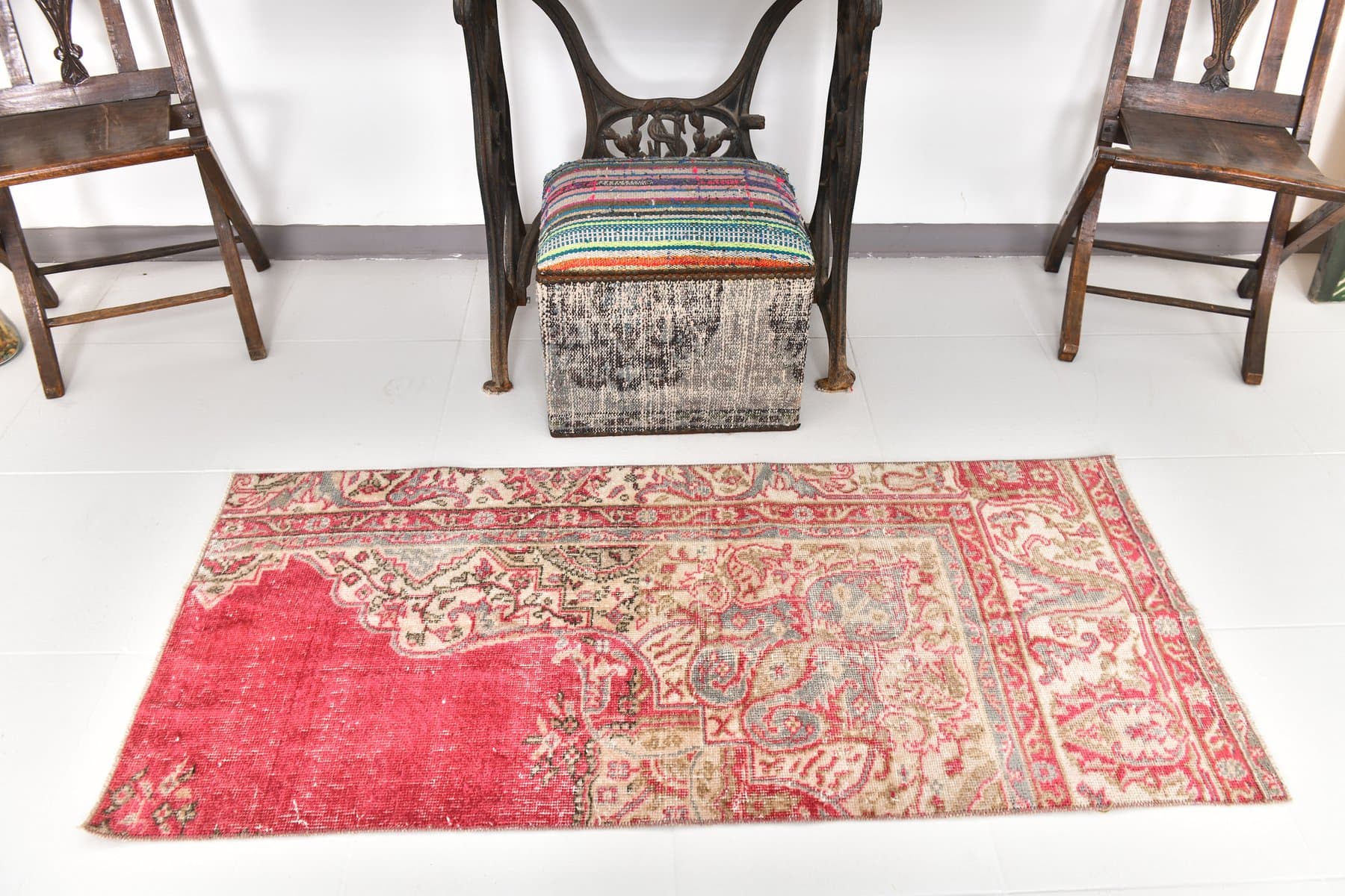 Chodnik 156x70 cm, różowy, czerwony, wełna, lata 70. - 217213