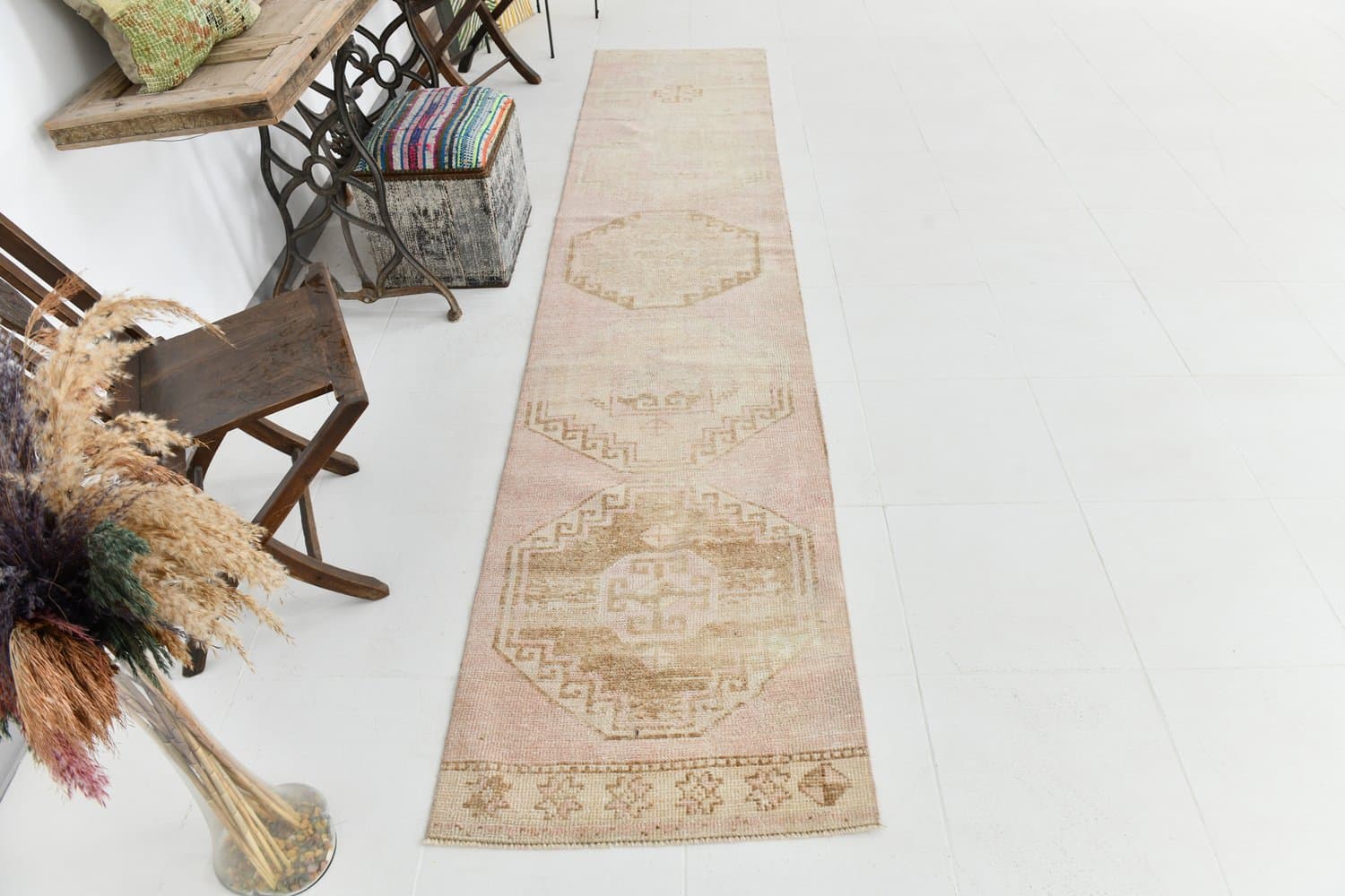 Chodnik 327x70 cm, różowy, wełna, lata 70. - 217088