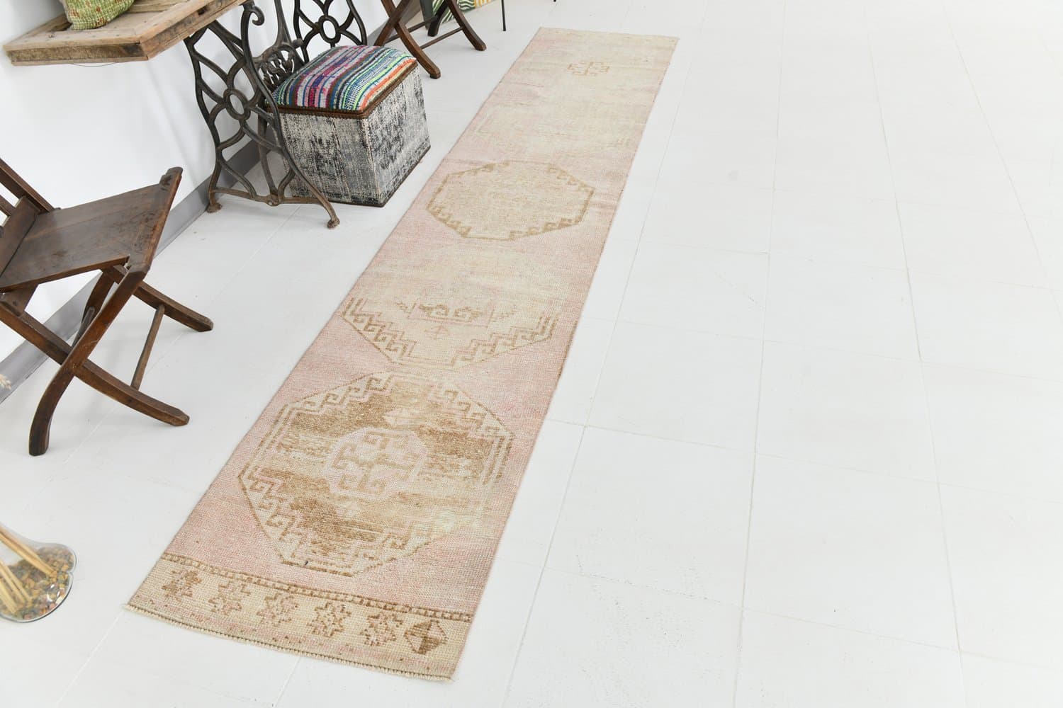 Chodnik 327x70 cm, różowy, wełna, lata 70. - 217090