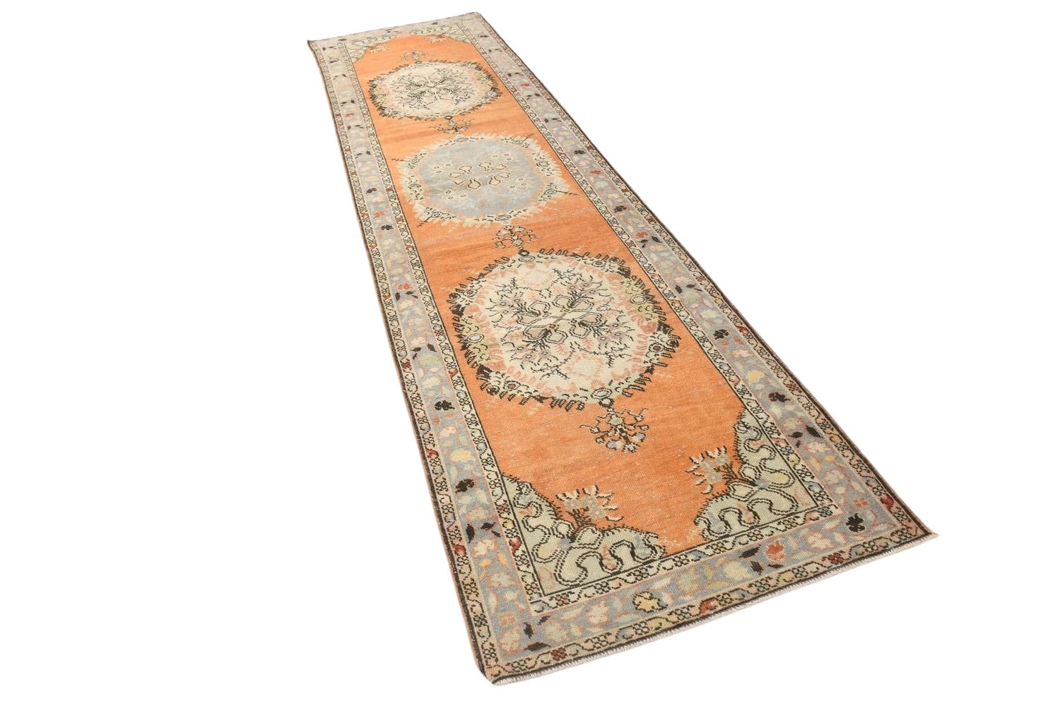 Chodnik 387x101 cm, pomarańczowy, niebieski, wełna, lata 70.