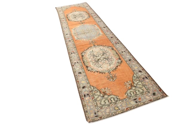 Chodnik 387x101 cm, pomarańczowy, niebieski, wełna, lata 70. - WYMIARY